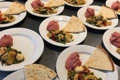 orecchiette primavera and beet hummus wit pita wedges