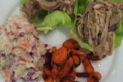 Pulled Pork on Lettuce Cups, Roasted Carrots, and Cole Slaw