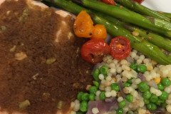 Mustard Crusted Salmon with Roasted Asparagus and Tomatoes and Israeli Couscous
