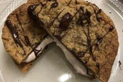 ice cream sandwich with chocolate chip cookies and raspberries